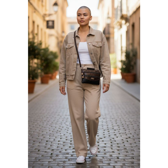 Brighton One Size Black Brown Croc Embossed Leather Crossbody Bag - Picture 2 of 13